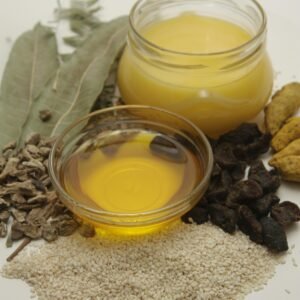 Composition of honey and natural ingredients like seeds and herbs in a vertical layout.